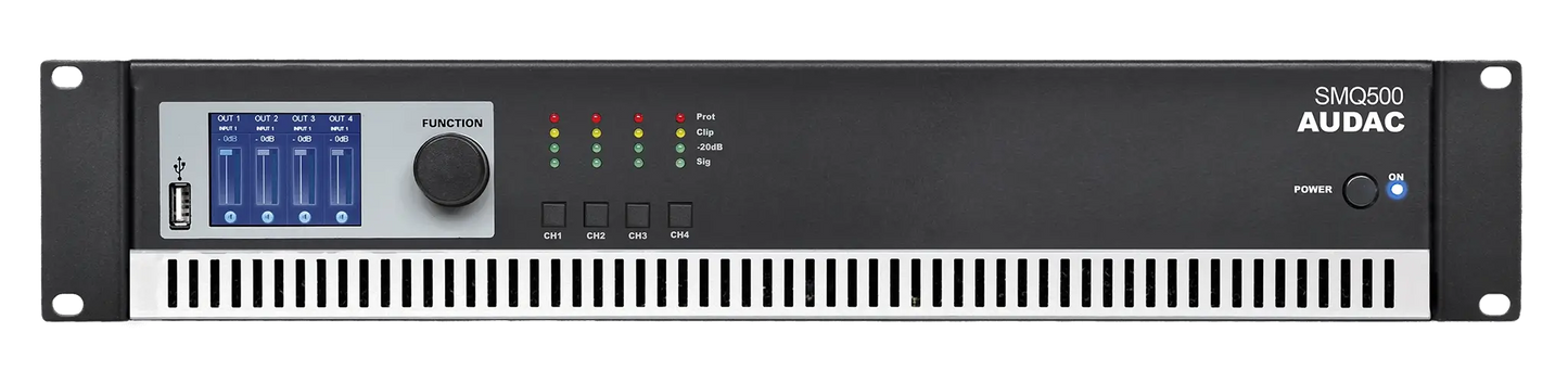 AUDAC SMQ500 WaveDynamics Quad-Channel Power Amplifier featuring four channels of 500W power, designed for high-performance audio applications.
