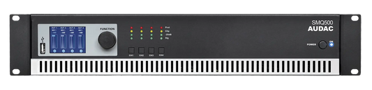 AUDAC SMQ500 WaveDynamics Quad-Channel Power Amplifier featuring four channels of 500W power, designed for high-performance audio applications.