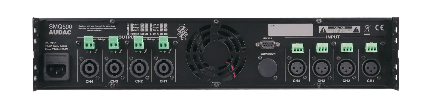 Back view of the AUDAC SMQ500 WaveDynamics Quad-Channel Power Amplifier showcasing its four 500W output channels.