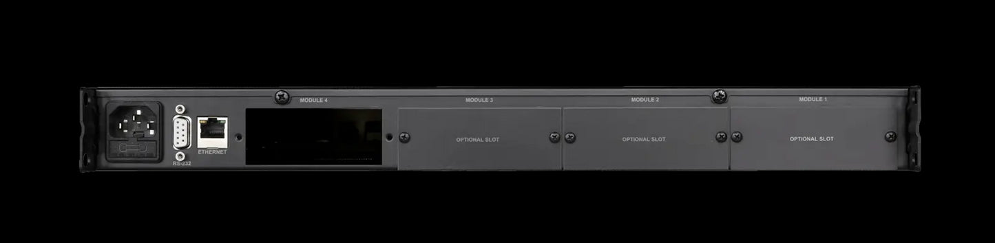 Back view of the Audac SourceCon professional modular audio system showcasing its connectivity options.