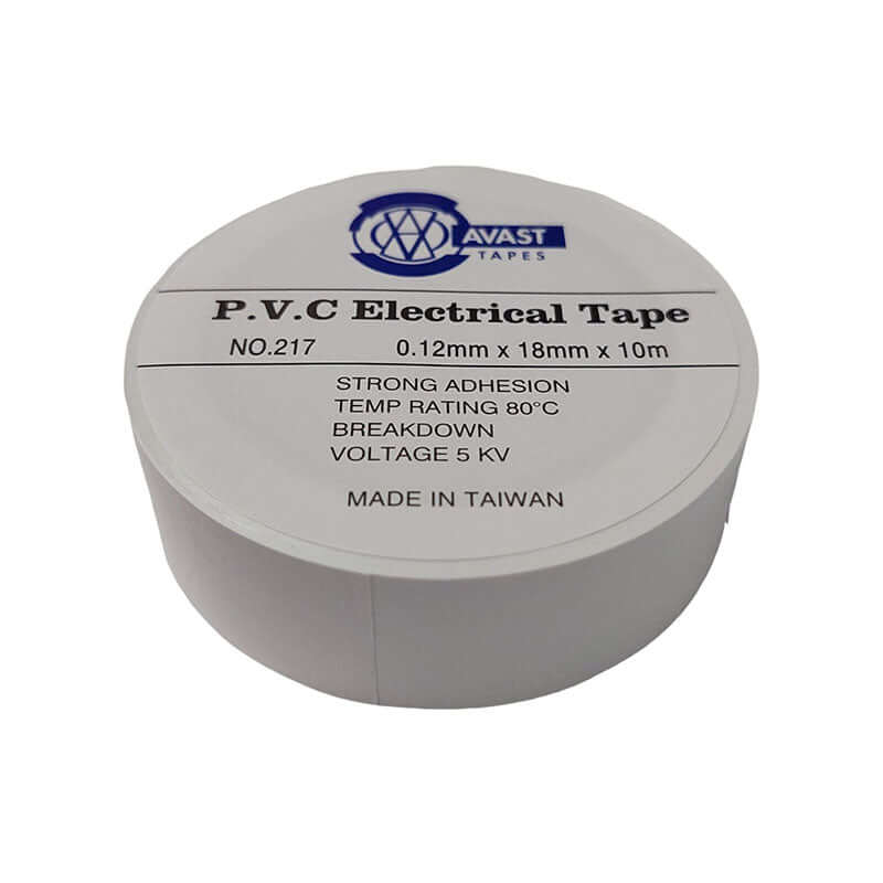 Avast PVC Insulation tape in white, measuring 18mm in width and 20m in length, with a thickness of 180 microns.