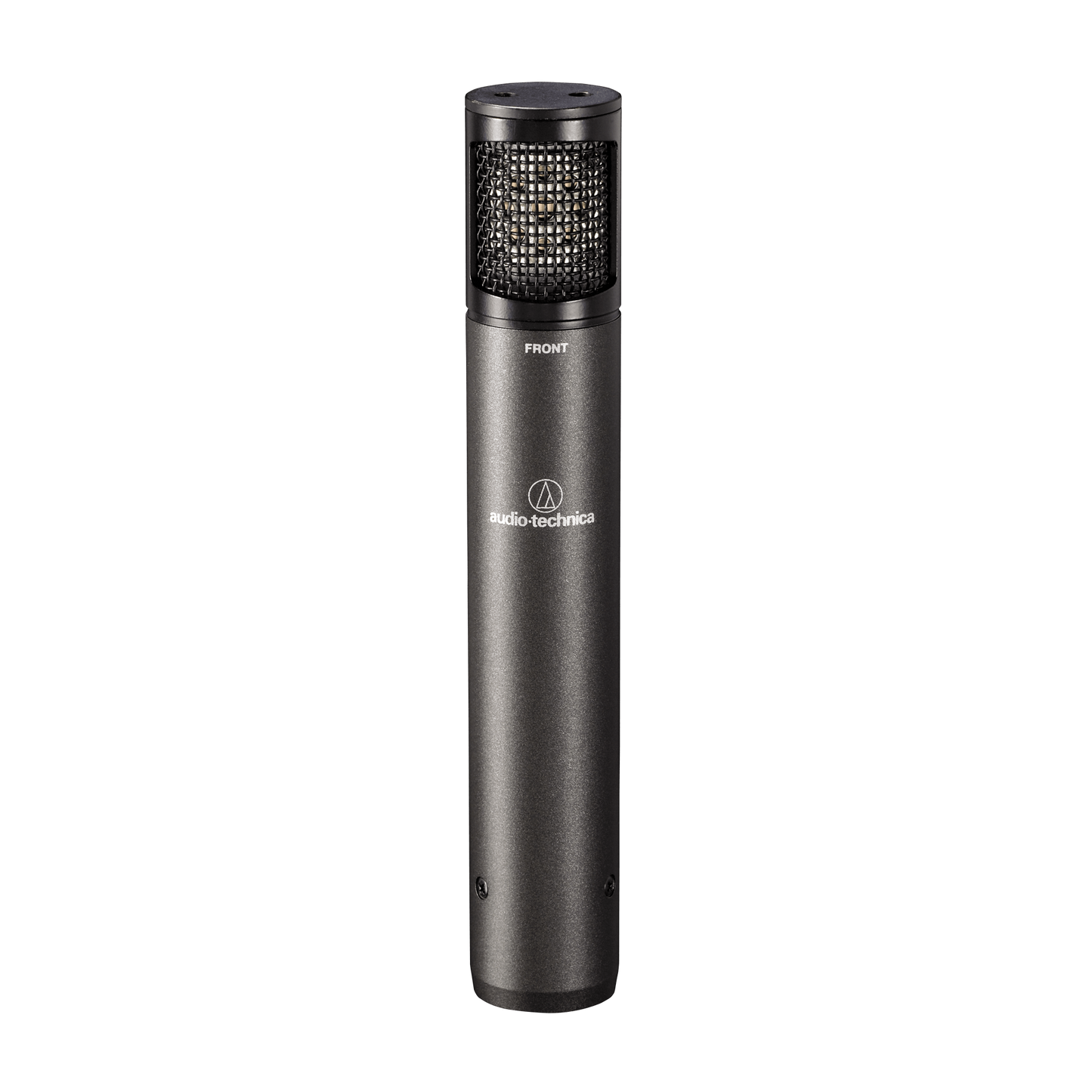Front view of the Audio-Technica ATM450 microphone with side-address design and accessories