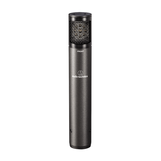 Front view of the Audio-Technica ATM450 microphone with side-address design and accessories