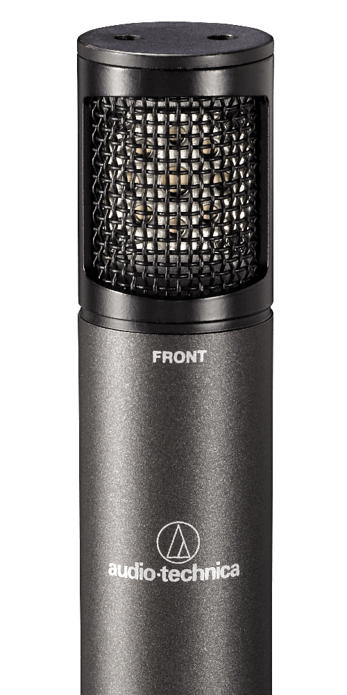 Close view of the Audio-Technica ATM450 microphone with side-address design and accessories