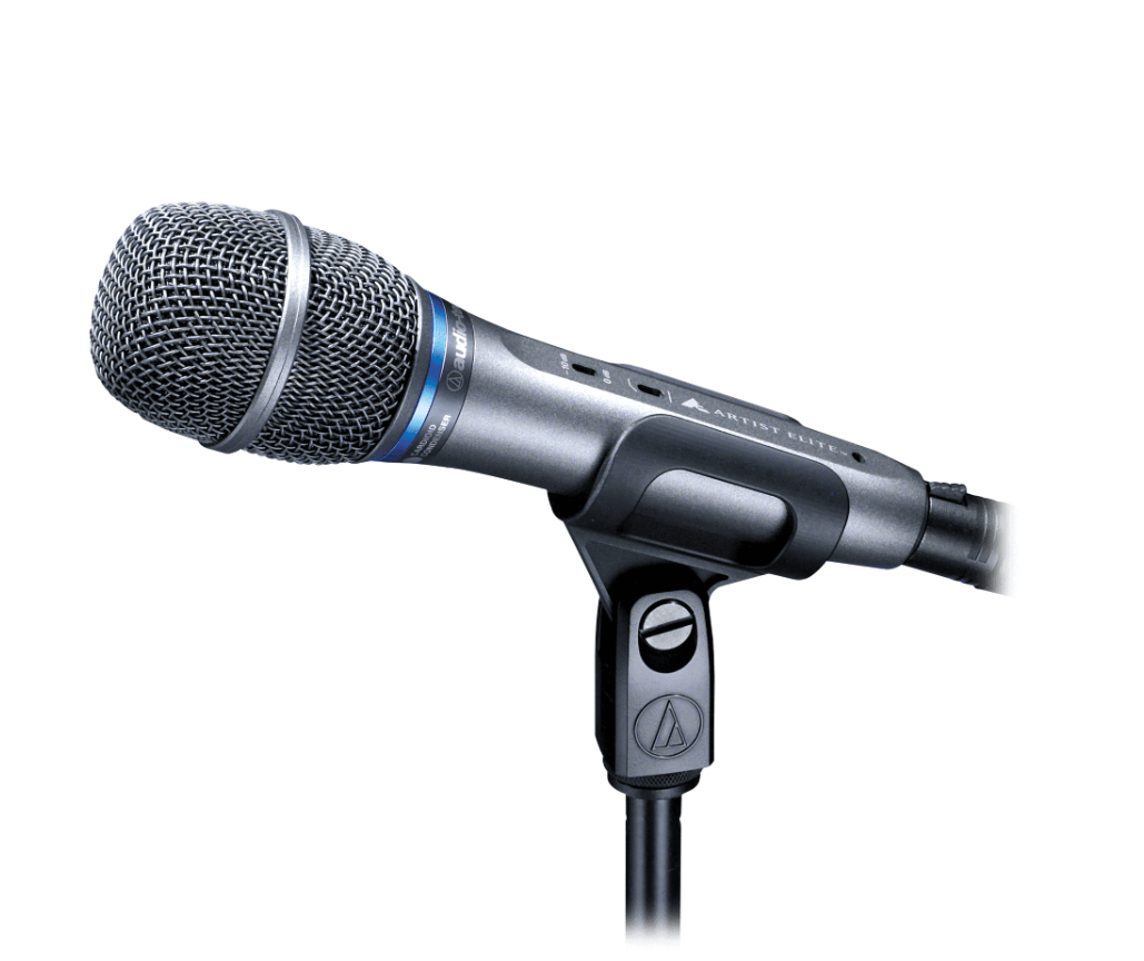 Audio-Technica AE3300 Premium Cardioid Condenser Handheld Microphone on a microphone stand