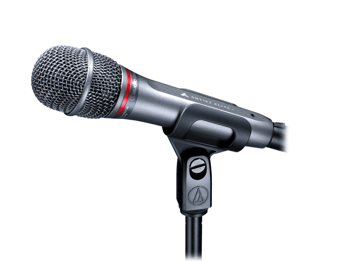 Audio-Technica AE4100 - Dynamic Vocal Microphone on a microphone stand