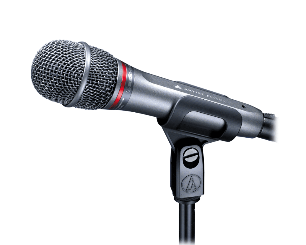 Audio-Technica AE6100 - Hypercardioid Dynamic Vocal Microphone on a microphone stand