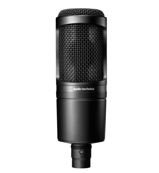 Audio-Technica AT2020 Cardioid Condenser Microphone in black for professional-quality sound recording from the front
