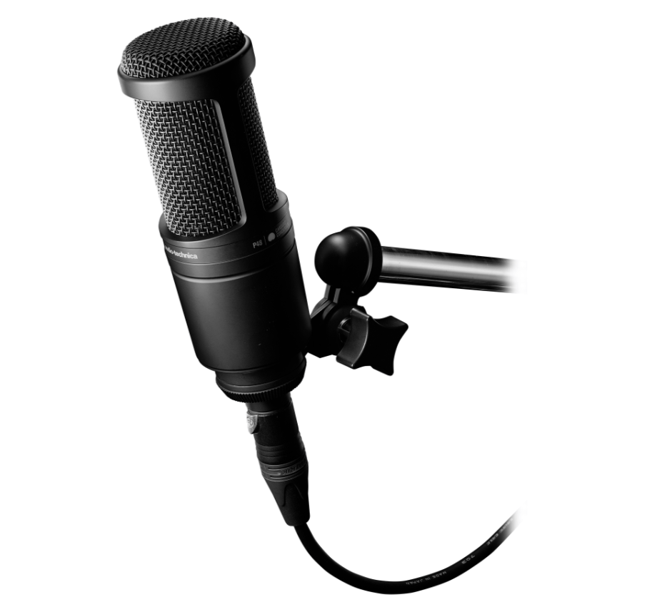 Audio-Technica AT2020 Cardioid Condenser Microphone in black for professional-quality sound recording from the side
