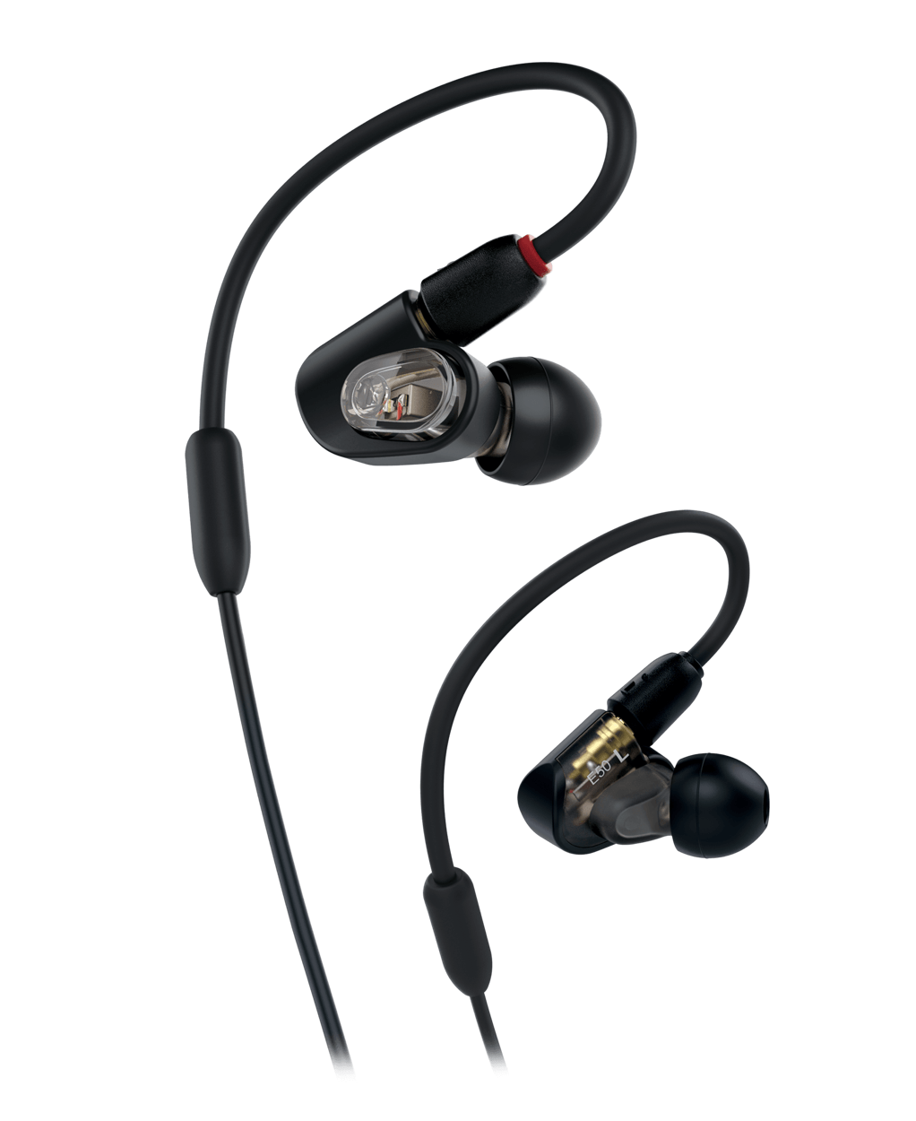 Image of the Audio-Technica ATH-E50 in-ear headphones with detachable cable and multiple eartips for customized comfort.