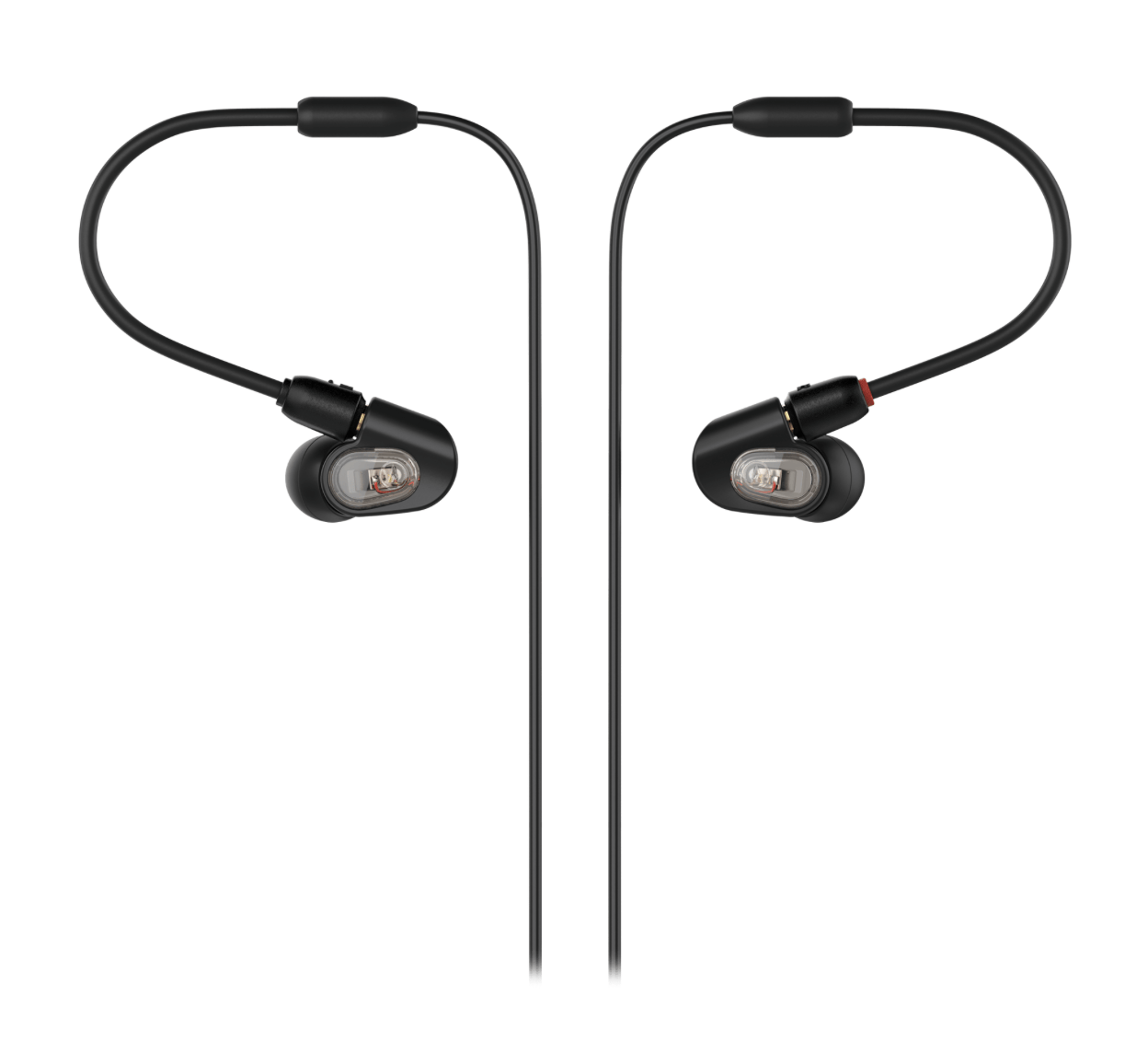 Side view of the Audio-Technica ATH-E50 in-ear headphones with detachable cable and multiple eartips for customized comfort.