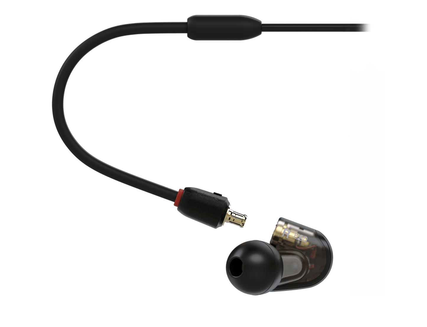 Ear connector of the Audio-Technica ATH-E50 in-ear headphones with detachable cable and multiple eartips for customized comfort.