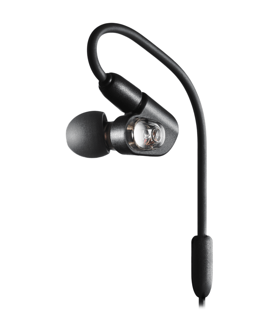 Back view of the Audio-Technica ATH-E50 in-ear headphones with detachable cable and multiple eartips for customized comfort.