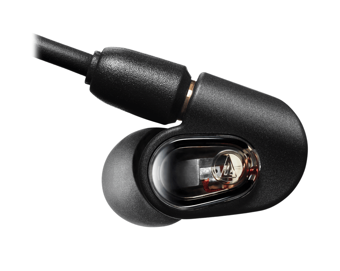 Inside view of the Audio-Technica ATH-E50 in-ear headphones with detachable cable and multiple eartips for customized comfort.