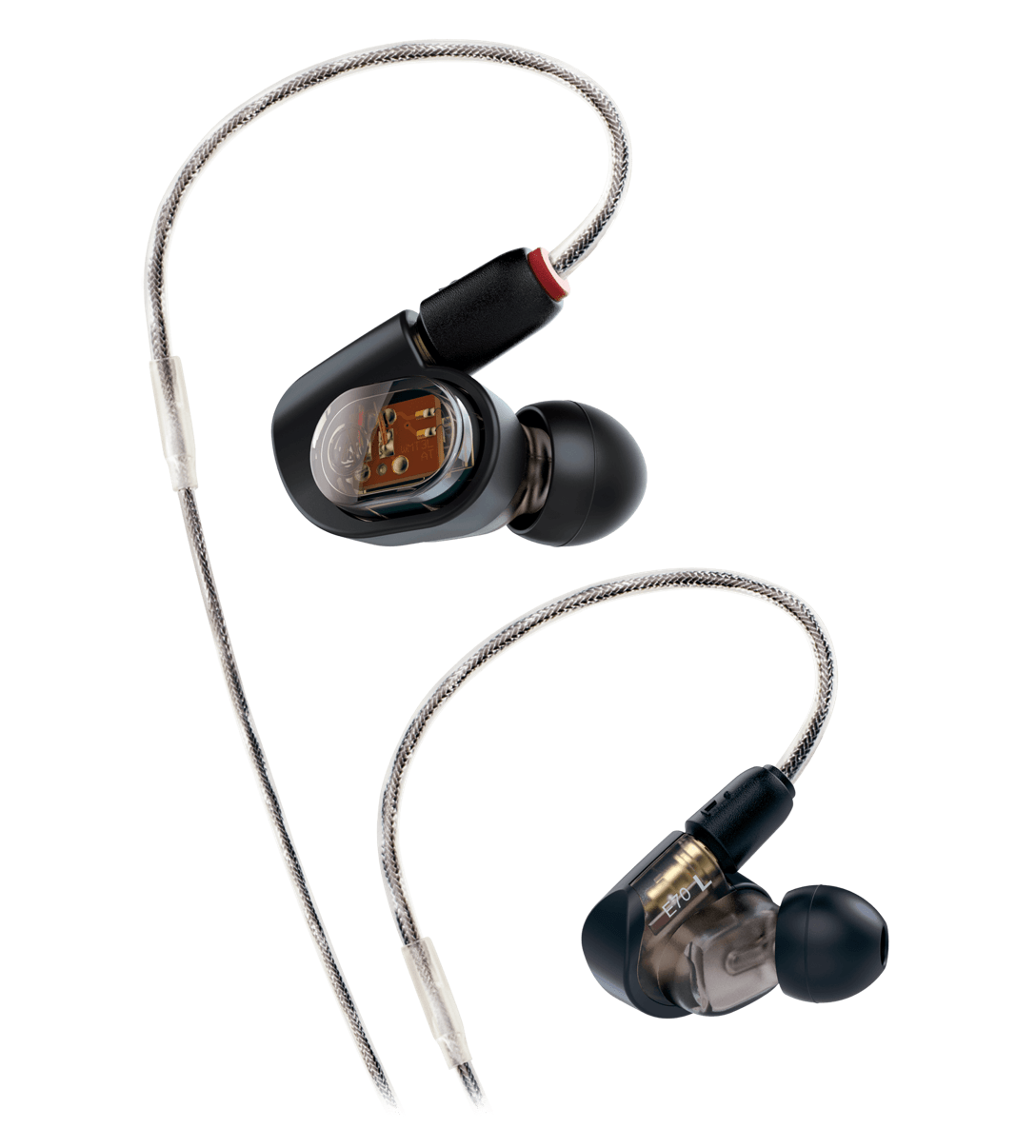 Audio-Technica ATH-E70 professional in-ear monitors with Comply foam eartips and a detachable cable, ideal for precise audio monitoring.