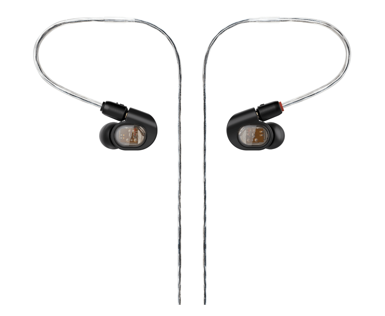 Side view of the Audio-Technica ATH-E70 professional in-ear monitors with Comply foam eartips and a detachable cable, ideal for precise audio monitoring.
