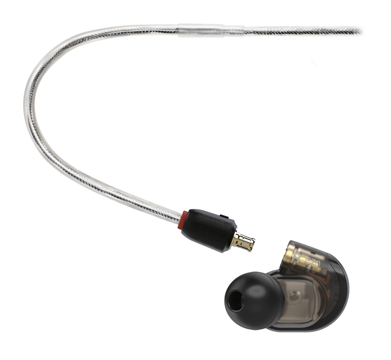Close view of the Audio-Technica ATH-E70 professional in-ear monitors with Comply foam eartips and a detachable cable, ideal for precise audio monitoring.
