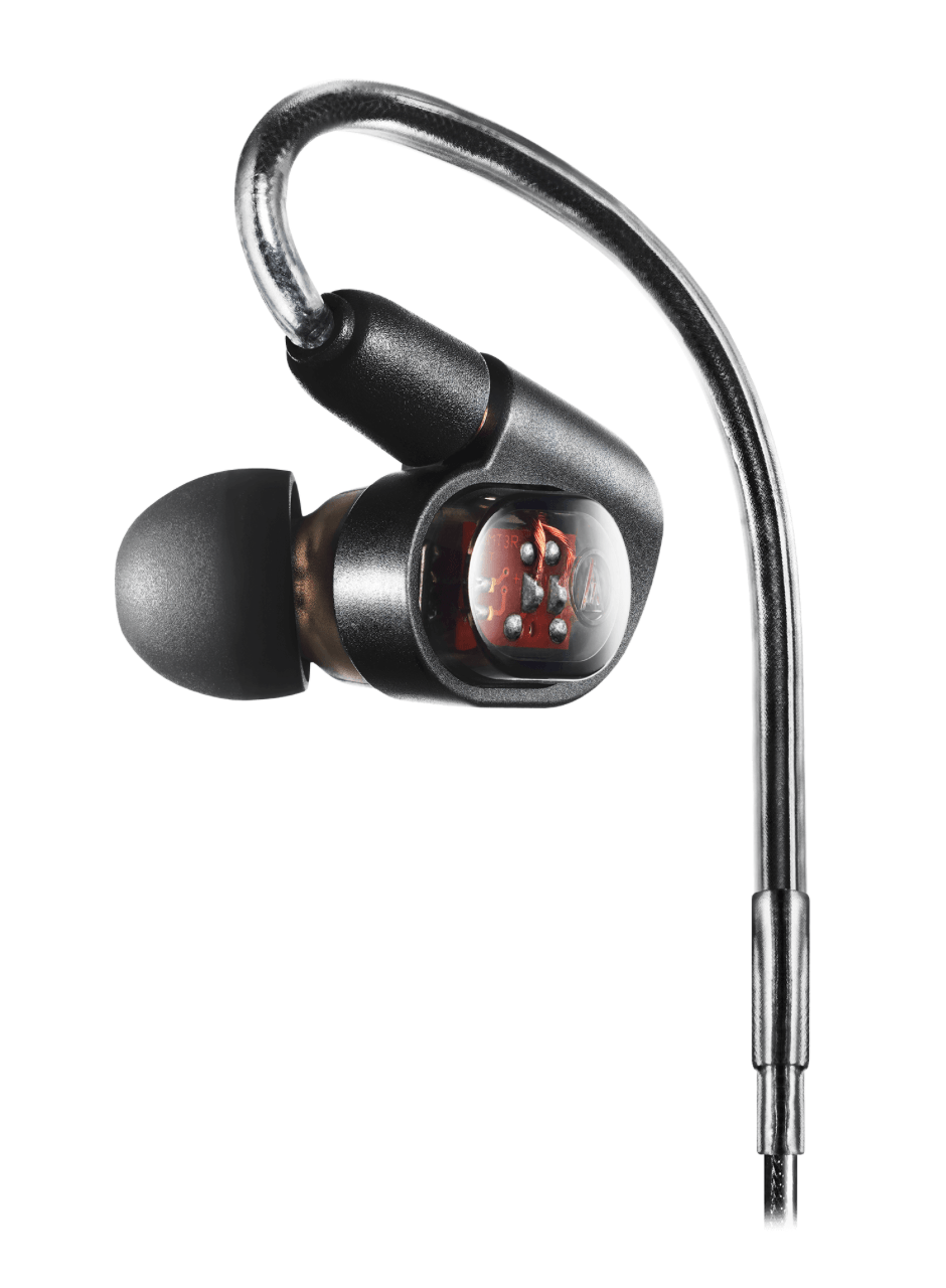 Back view of the Audio-Technica ATH-E70 professional in-ear monitors with Comply foam eartips and a detachable cable, ideal for precise audio monitoring.