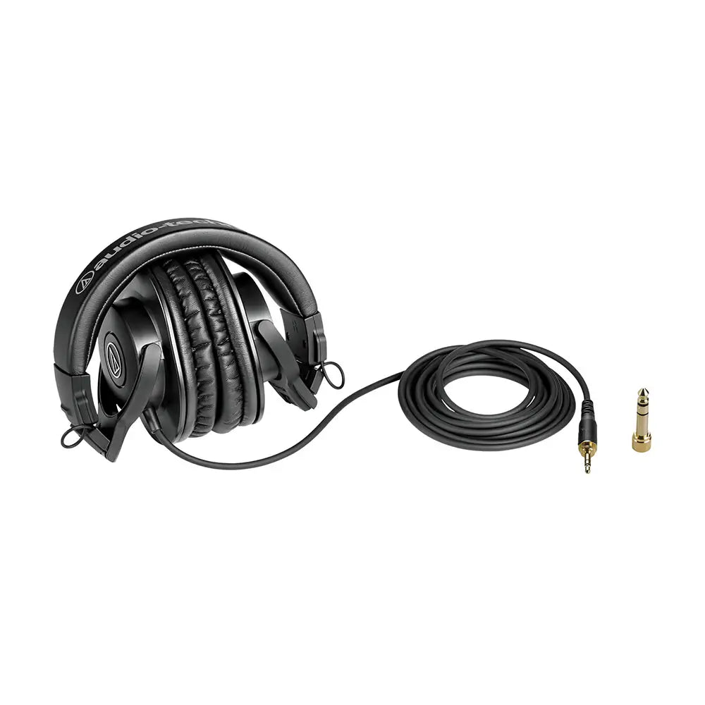 Folded view of Audio-Technica ATH-M30x headphones showcasing their durable design and collapsible structure for easy portability.