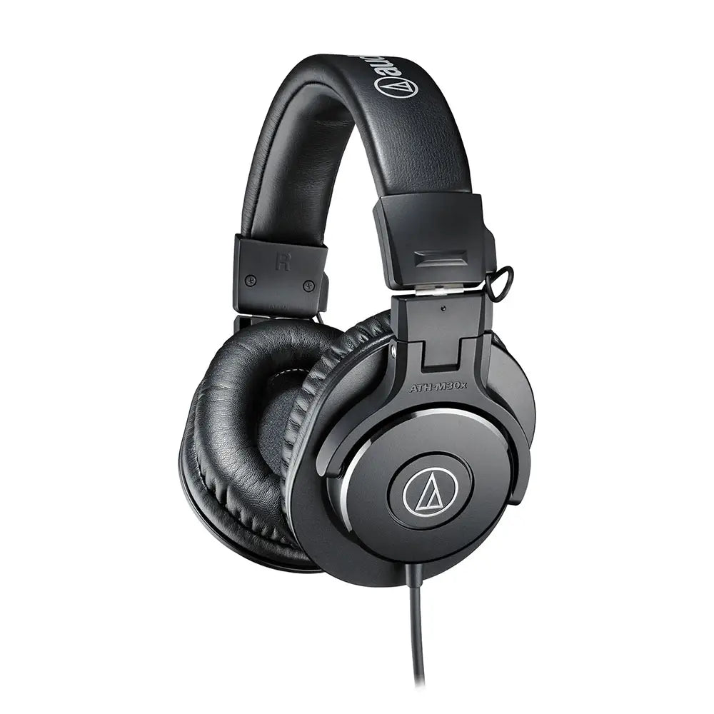Close view of Audio-Technica ATH-M30x headphones showcasing their durable design and collapsible structure for easy portability.