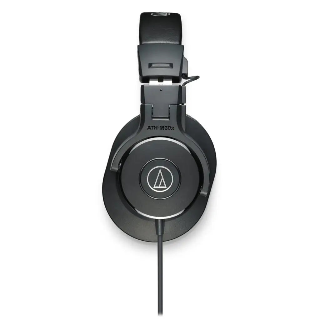 Side view of Audio-Technica ATH-M30x headphones showcasing their durable design and collapsible structure for easy portability.