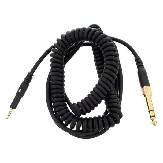 Black coiled cable for Audio-Technica ATH-M50X headphones, showing extended length and durability.