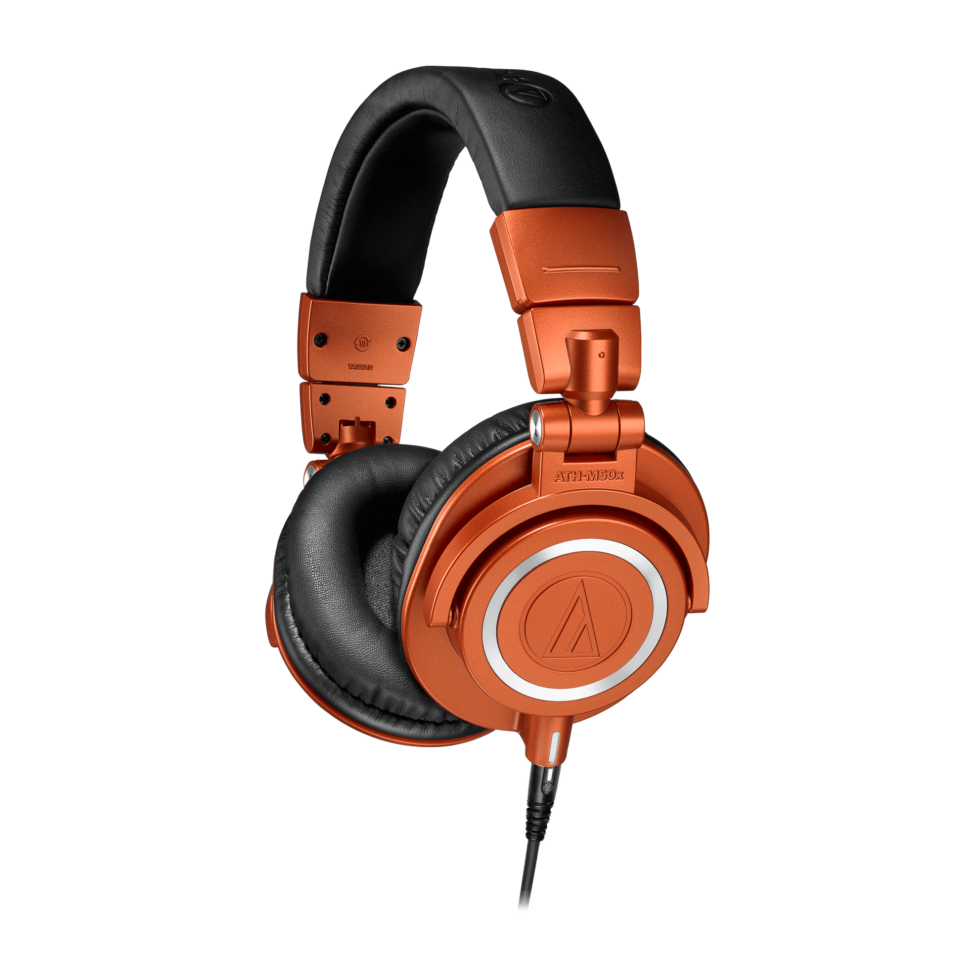 Audio-Technica ATH-M50xMO headphones displayed with swiveling earcups and three detachable cables for versatile studio use.