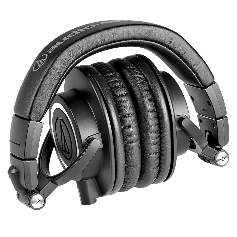 Folded view of the Audio-Technica ATH-M50x headphones displayed with swiveling earcups and three detachable cables for versatile studio use.