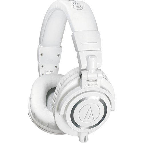 Audio-Technica ATH-M50xWH headphones displayed with swiveling earcups and three detachable cables for versatile studio use.
