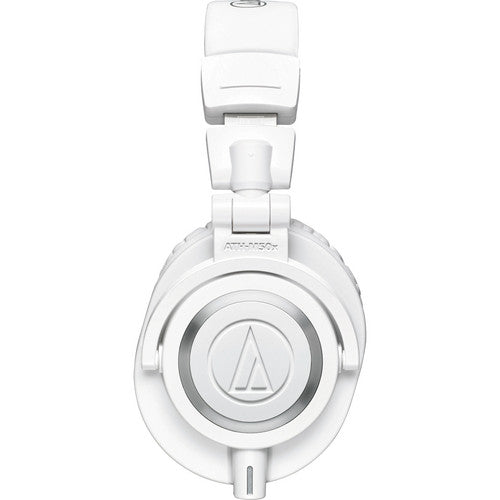 Side view of the Audio-Technica ATH-M50xWH headphones displayed with swiveling earcups and three detachable cables for versatile studio use