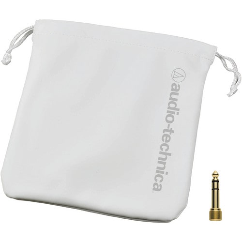 Storage bag for the Audio-Technica ATH-M50xWH headphones displayed with swiveling earcups and three detachable cables for versatile studio use.