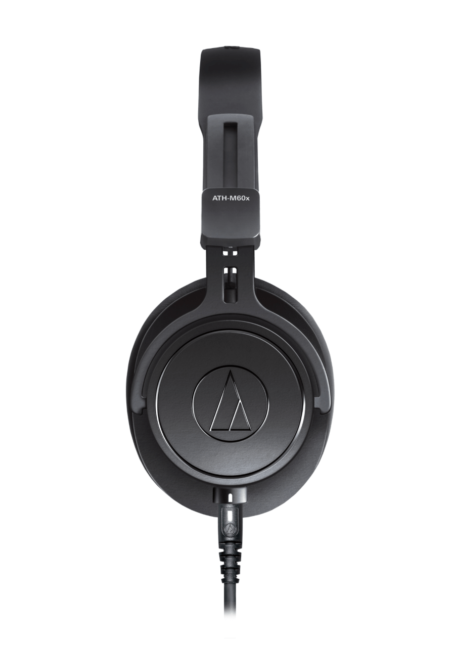 Side view of the Audio-Technica ATH-M60x Professional Monitor Headphones, designed for critical studio monitoring and broadcasting. Experience legendary sound quality and comfort.