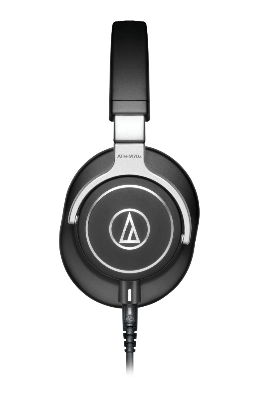 Side view of the Audio-Technica ATH-M70x headphones displaying their fold-flat design and interchangeable cables, ideal for professional audio tasks.