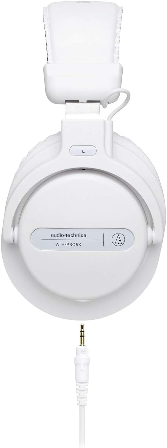 Side view of the Audio-Technica ATH-PRO5X headphones in black, featuring robust construction and versatile, detachable cables for professional DJing.