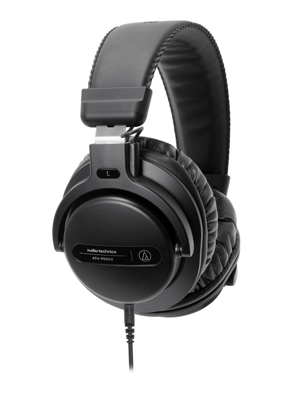 Close view of the Audio-Technica ATH-PRO5X headphones in black, featuring robust construction and versatile, detachable cables for professional DJing.