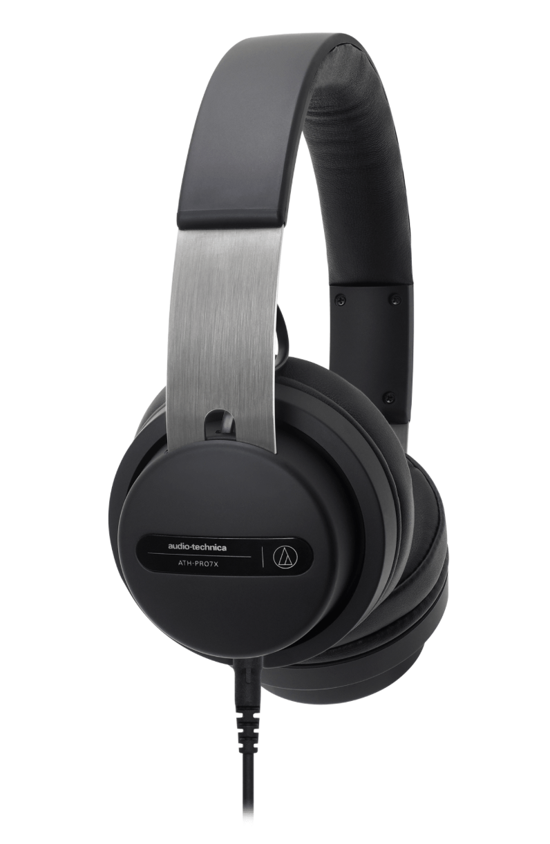 Close view of the Audio-Technica ATH-PRO7X headphones, showcasing their sleek design and premium comfort for professional DJs.
