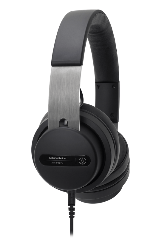 Close view of the Audio-Technica ATH-PRO7X headphones, showcasing their sleek design and premium comfort for professional DJs.