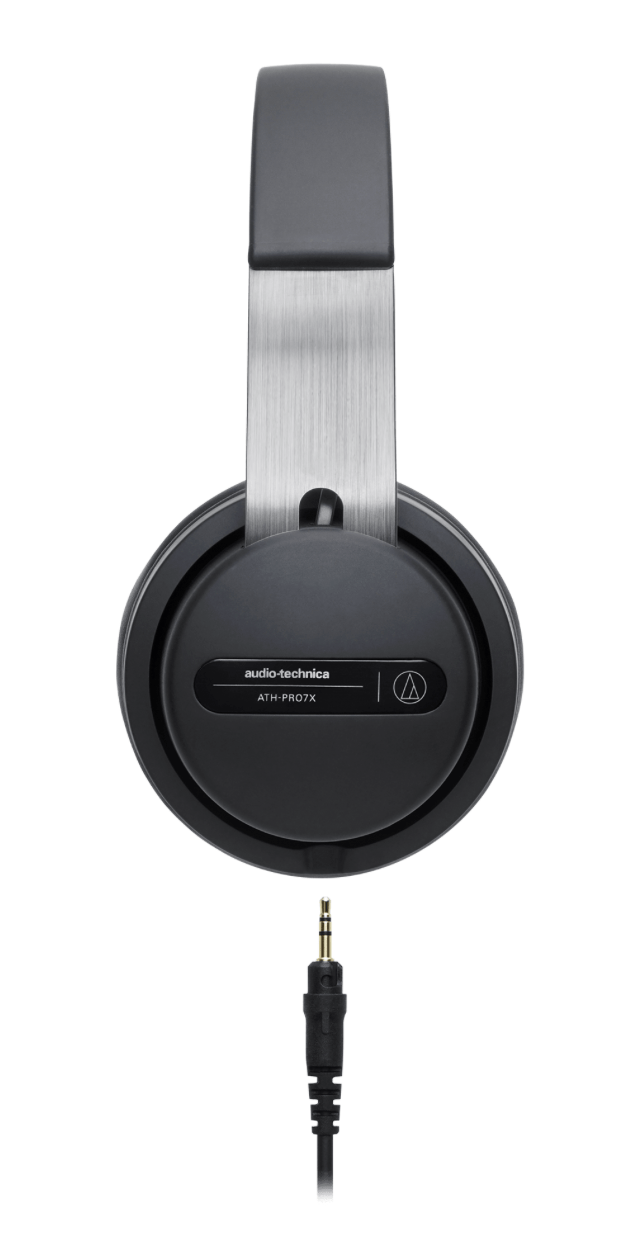 Side view of the Audio-Technica ATH-PRO7X headphones, showcasing their sleek design and premium comfort for professional DJs.