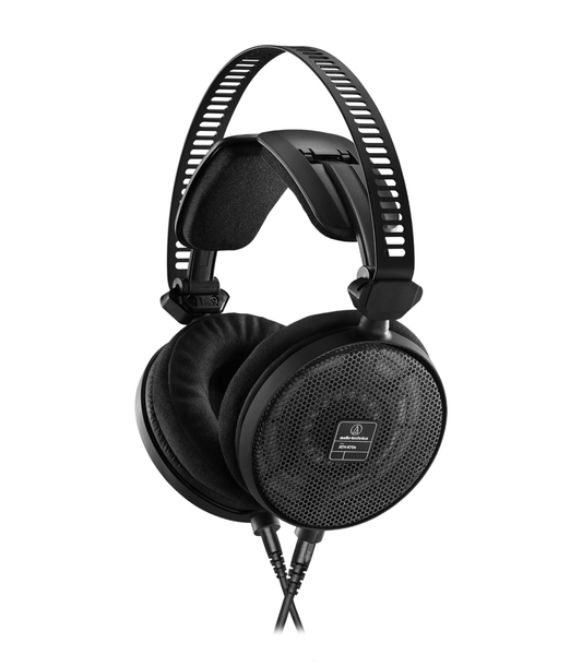 Close view of the Audio-Technica ATH-R70x headphones showcasing their lightweight design and aluminum honeycomb mesh housings for natural sound.