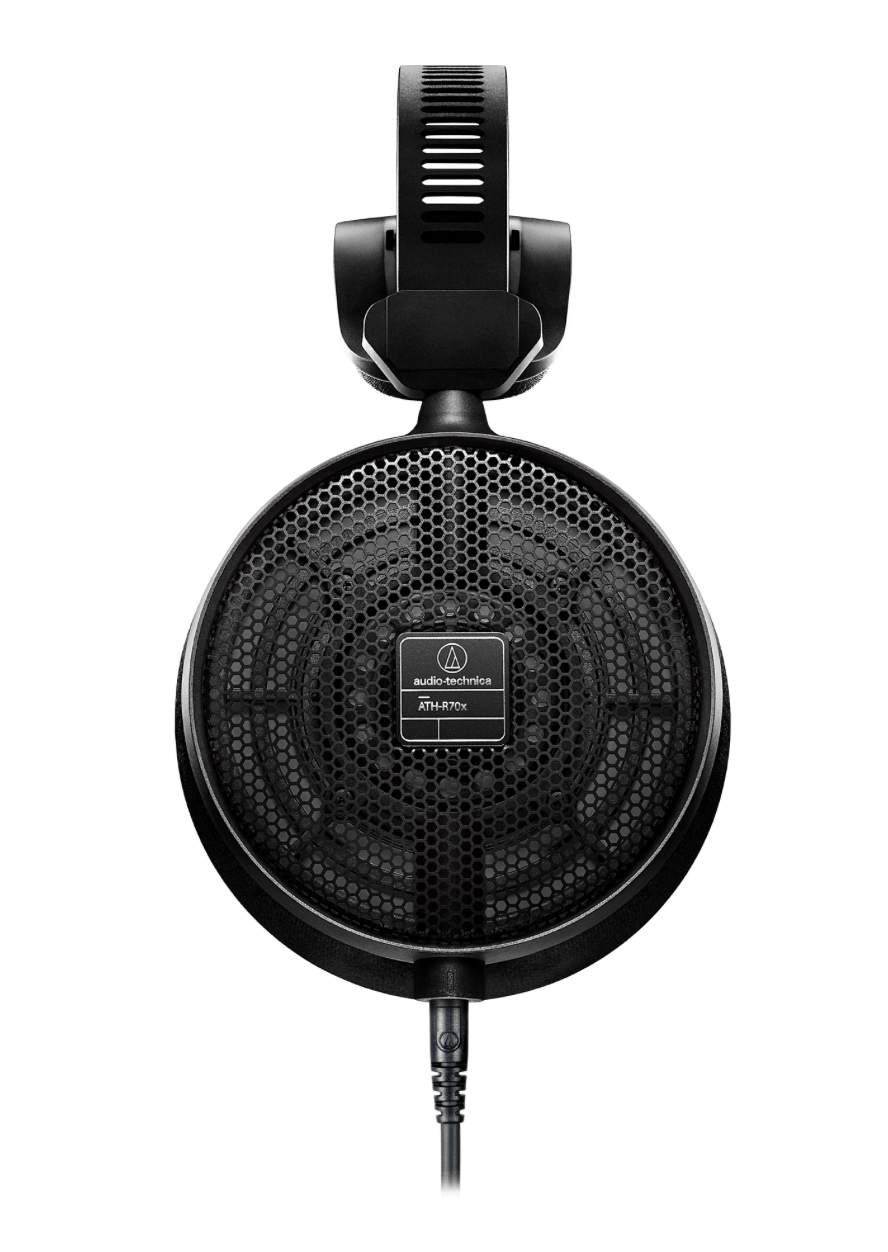 Side view of the Audio-Technica ATH-R70x headphones showcasing their lightweight design and aluminum honeycomb mesh housings for natural sound.