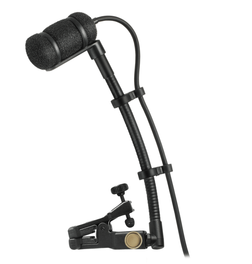 Audio-Technica ATM350U - Universal Mount Cardioid Condenser Instrument Microphone on a microphone stand