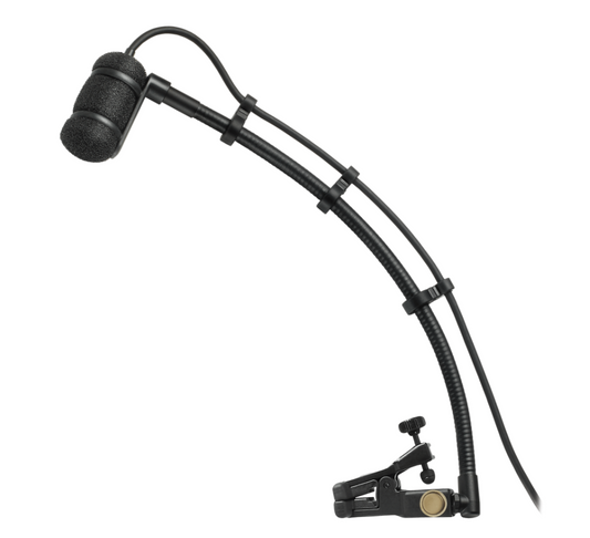 Audio-Technica ATM350UL - Long Universal Mount Cardioid Condenser Instrument Microphone on a microphone stand