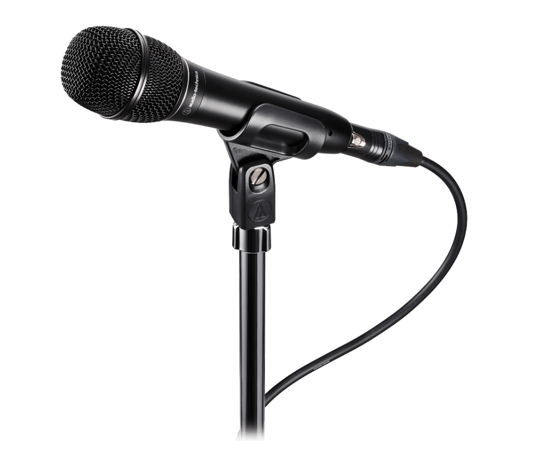 Audio-Technica ATS99 Hypercardioid Dynamic Microphone on a microphone stand