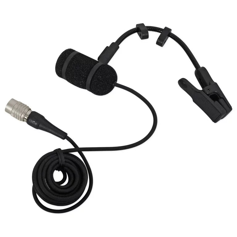 An Audio-Technica PRO35 clip-on microphone from the top attached to a saxophone, capturing vibrant sounds during a live performance.