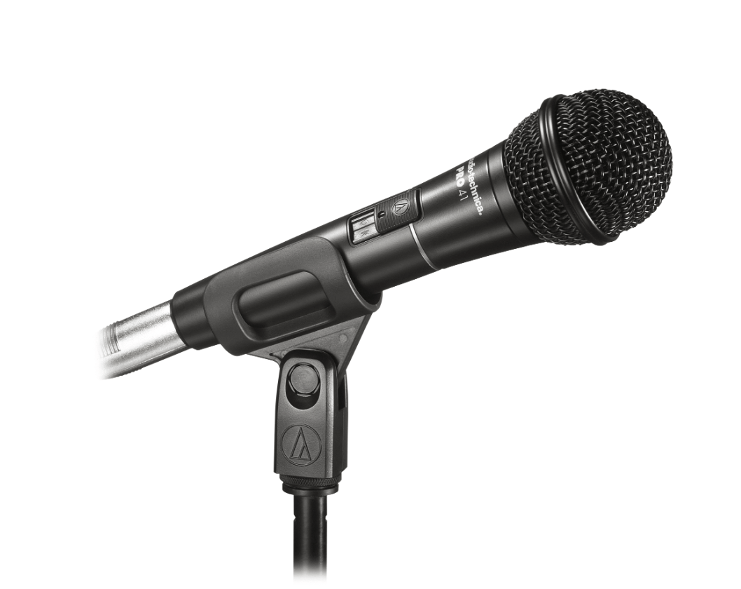 The Audio-Technica PRO41 microphone from the side delivering crystal-clear vocal performance during a live event.