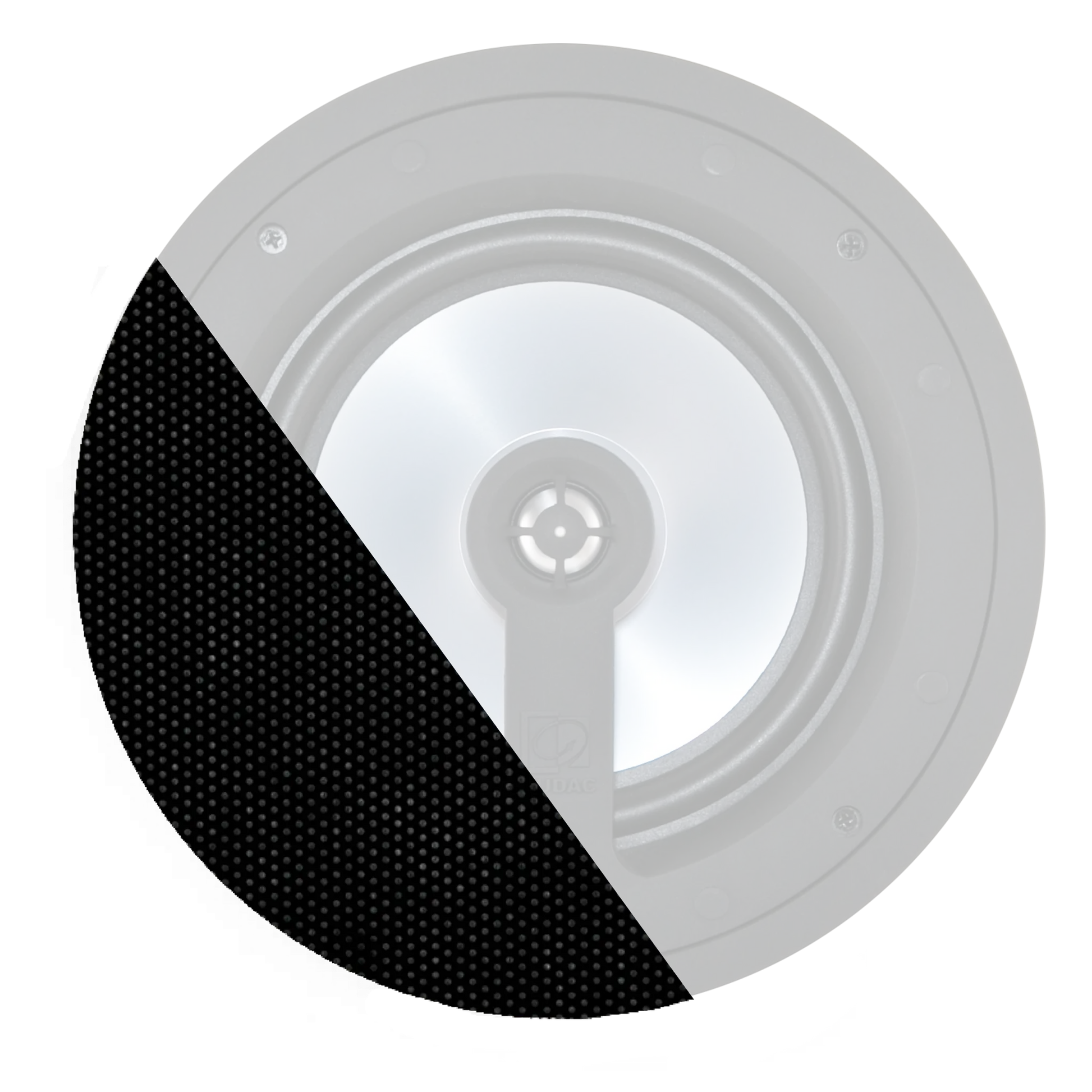 Front grill for AUDAC CELO8 speakers in black color with RAL9005 finish and logo.