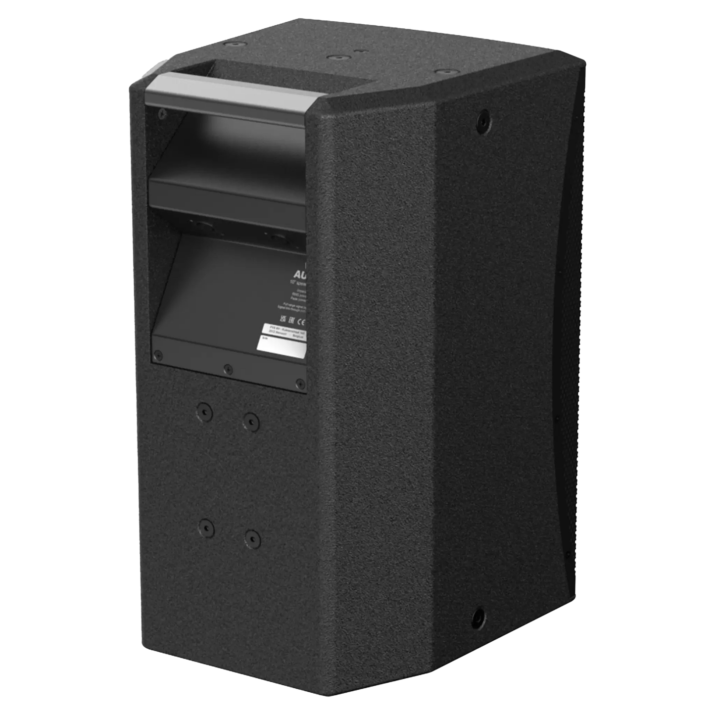 AUDAC VEXO110 10-inch high performance 2-way loudspeaker in black color, showcasing the back view.
