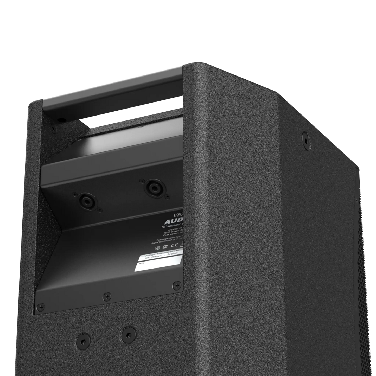 AUDAC VEXO110 10-inch high performance 2-way loudspeaker in black, showcasing its inputs and design.