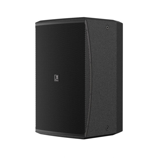 AUDAC VEXO110 10-inch high performance 2-way loudspeaker in black, showcasing its sleek design and professional audio capabilities.