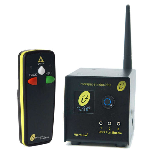 HIVE INDUSTRIES MicroCue3 USB Cueing System featuring a 2-button laser handset and 3 USB ports for multi-computer control.